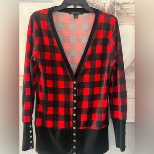 Red and Black Checkered Snap Front Cardigan - Sz M
